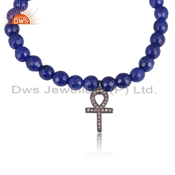 Exporter Sterling Silver Pave Diamond "ANKH" Cross Charm Blue Aventurine Stretch Bracelet