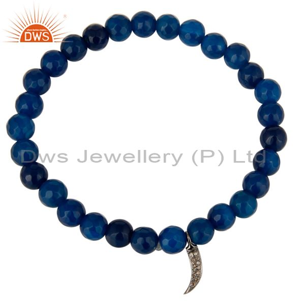 Exporter Blue Aventurine Sterling Silver Pave Diamond Shark Teeth Charms Stretch Bracelet