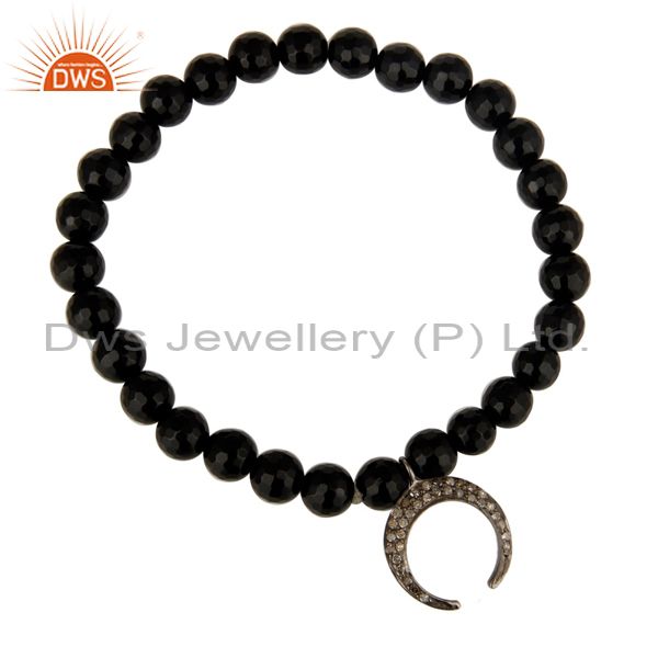 Exporter 925 Sterling Silver Pave Diamond Horseshoe Charms Black Onyx Beads Bracelet