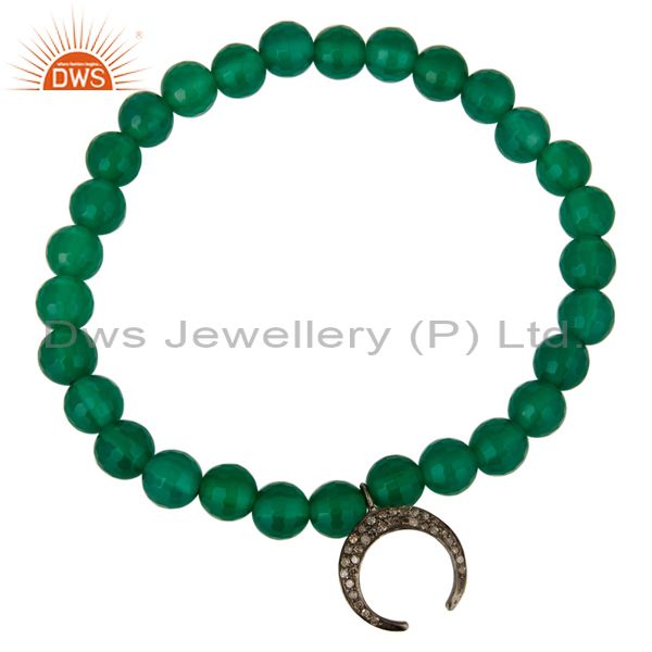 Exporter 925 Sterling Silver Pave Diamond Horseshoe Charms Green Onyx Beads Bracelet