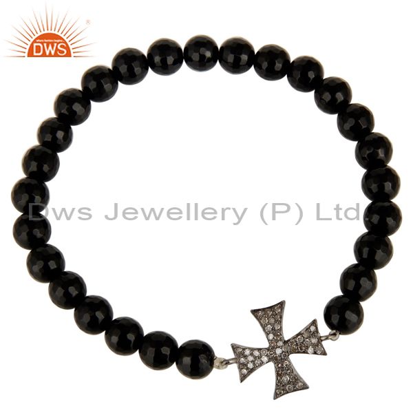 Exporter Pave Diamond Sterling Silver Star Charm Black Onyx Gemstone Stretch Bracelet