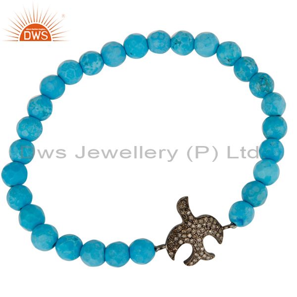 Exporter Pave Set Diamond Silver Flying Bird Charm Turquoise Gemstone Adjustable Bracelet