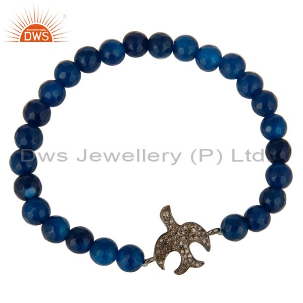 Exporter Blue Aventurine Beads Sterling Silver Pave Diamond Flying Birds Charms Bracelet