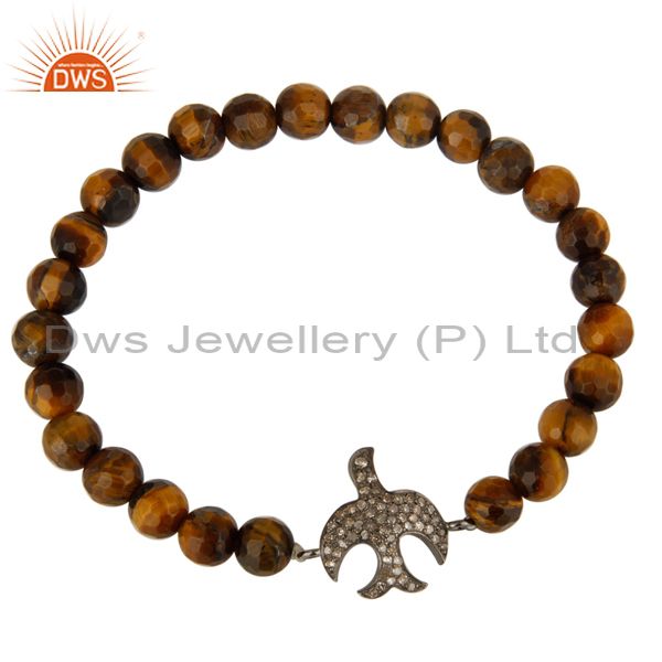 Exporter Faceted Tiger Eye Stretch Bracelet With Pave Set Diamond Flying Bird Charms