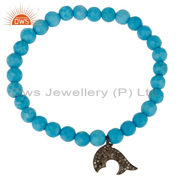 Exporter Pave Diamond Silver Dolphin Charms Faceted Turquoise Beaded Stretch Bracelet