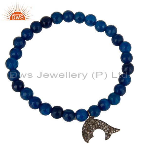 Exporter Blue Onyx 925 Sterling Silver Pave Diamond Dolphin Charm Stretch Bracelet