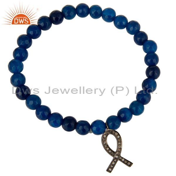 Exporter Blue Onyx Beads 925 Silver Pave Diamond Awareness Ribbon Charms Stretch Bracelet