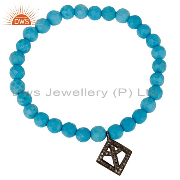 Exporter Pave Diamond 925 Silver Peace Charm Turquoise Gemstone Stretch Bracelet