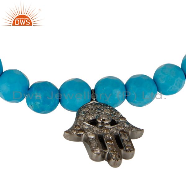 Exporter 925 Sterling Silver Turquoise Pave Diamond Hamsa Charms Stretch Bracelet