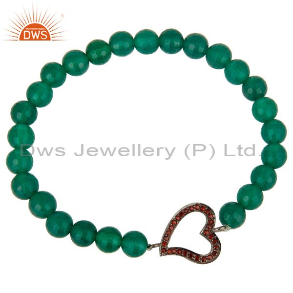 Exporter Faceted Green Onyx Gemstone Stretch Bracelet With Spessartite Garnet Heart Charm