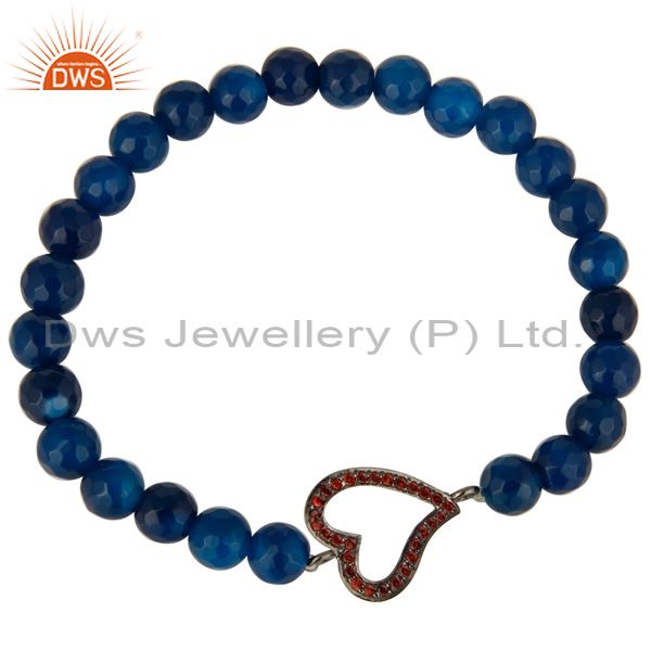 Exporter Faceted Blue Onyx Gemstone Stretch Bracelet With Spessartite Garnet Heart Charms
