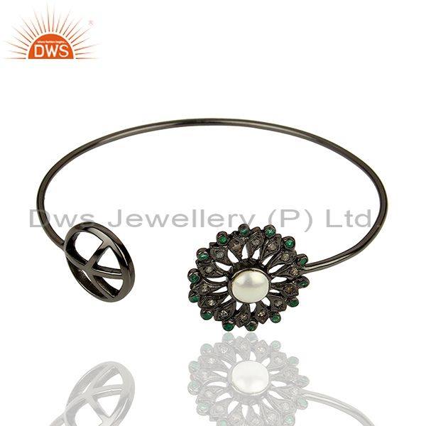 Exporter 925 Silver Pearl Gemstone Pave Diamond Cuff Bangle Wholesale Jewelry