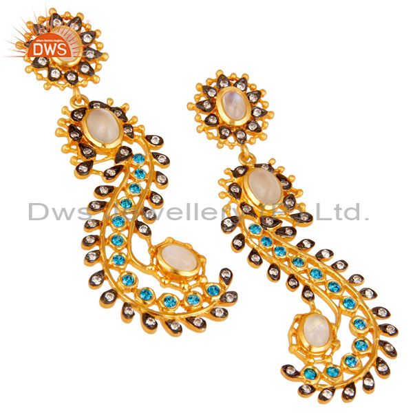 Exporter Rainbow Moonstone and Zircon Sterling Silver Gold Plated Dangler Earring Stud