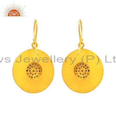 Exporter 22K Yellow Gold Plated Sterling Silver Pave Set Diamond Disc Dangle Earrings