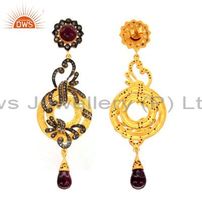 Exporter 18K Yellow Gold Plated Sterling Silver Pave Diamond And Ruby Dangle Earrings