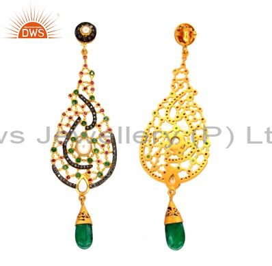 Exporter 18K Gold Plated Sterling Silver Pave Diamond And Emerald, Pearl Dangle Earrings