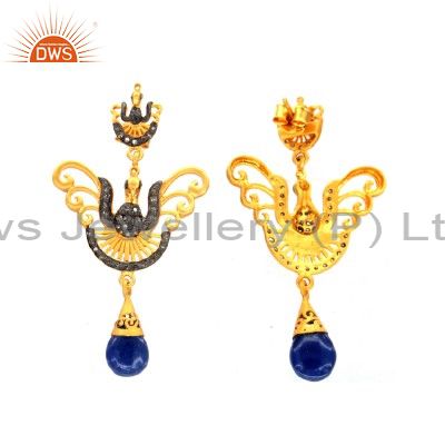 Exporter 14K Gold Sterling Silver White Topaz And Blue Sapphire Peacock Dangle Earrings