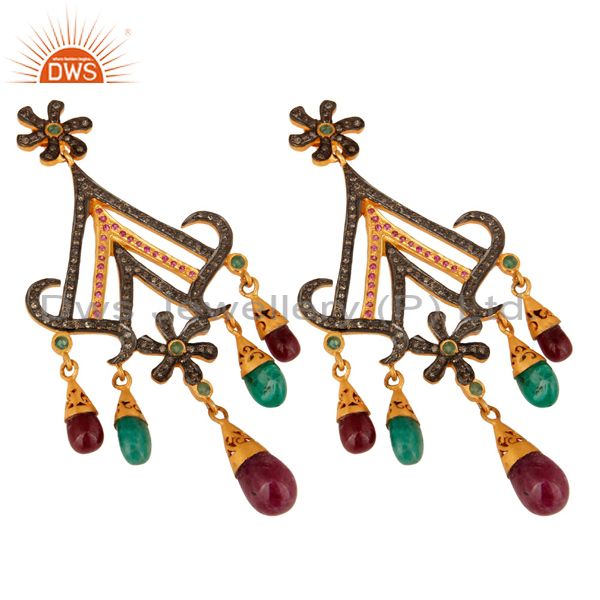 Exporter 18K Gold And Sterling Silver Pave Diamond Ruby & Emerald Chandelier Earrings