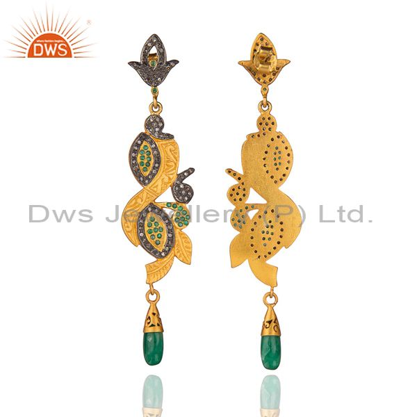 Exporter Long Dangler!Gold Plated Sterling 925 Silver Real Diamond Pave Emerald Earring