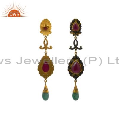 Exporter Pave Set Diamond And Emerald, Ruby 18K Gold Sterling Silver Dangle Earrings