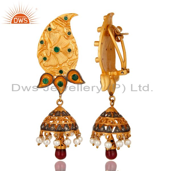 Exporter 18K Gold On Sterling Silver Ruby, Emerald Pave Diamond Jhumka Earrings
