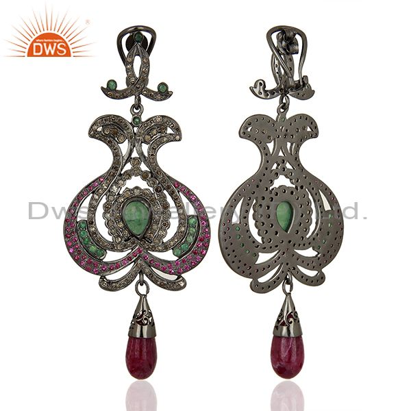 Exporter Pave Diamond Ruby Gemstone 925 Sterling Silver Earrings Supplier