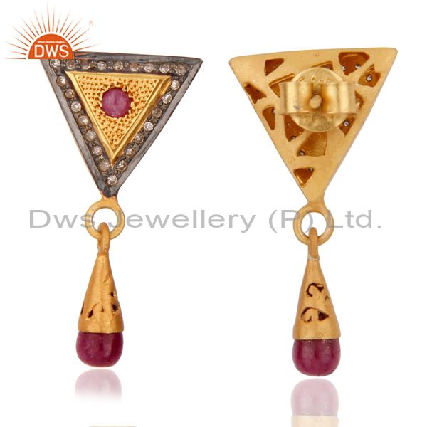 Exporter Handmade Pave Diamond Ruby Gemstone 18k Gold Over 925 Sterling Silver Earrings