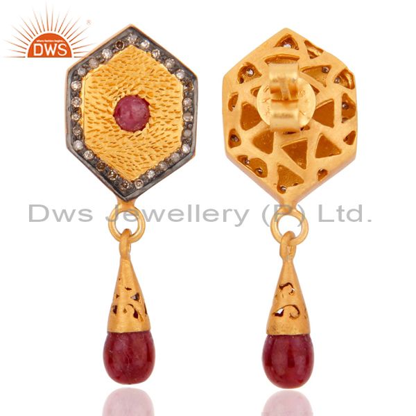 Exporter 925 Sterling Silver Pave Set Diamond Natural Ruby Gemstone Drop Fashion Earrings