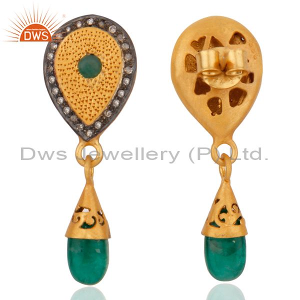 Exporter 925 Sterling Silver Real Emerald Pave Diamond Designer Gemstone Dangle Earrings