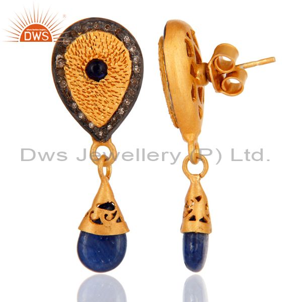 Exporter 18K Gold Over 925 Sterling Silver Blue Sapphire Pave Diamond Drop Earrings