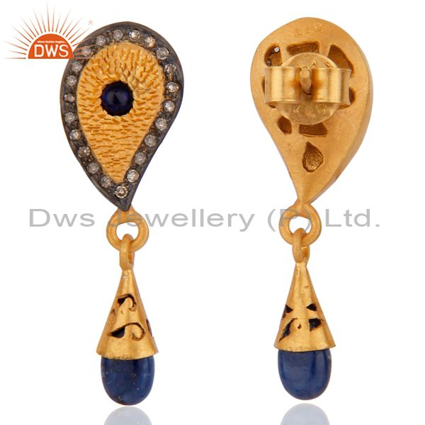 Exporter Blue Sapphire Gemstone 18kt Gold Plated 925 Sterling Silver Pave Diamond Earring