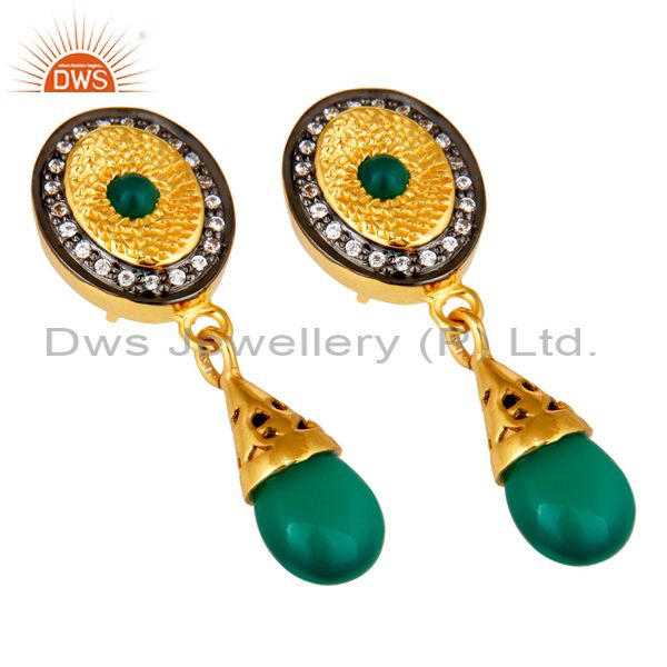 Exporter 14K Yellow Gold Plated Sterling Silver Green Onyx Fashion Drop Earrings With CZ