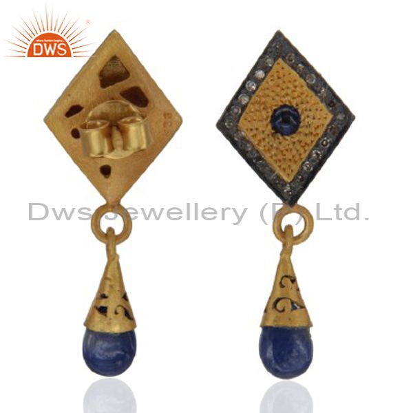 Exporter 925 Sterling Silver Genuine Sapphire and Pave Diamond Dangle Post Stud Earrings