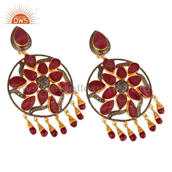 Exporter 18K Gold Sterling Silver Ruby And Pave Diamond Wedding Chandelier Earrings