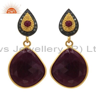 Exporter Ruby Slice Gemstone Pave Diamond 18k Gold Plated 925 Sterling Silver Earrings