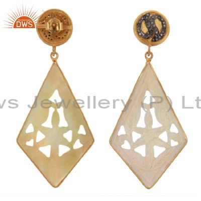 Exporter 18K Gold Sterling Silver Pave Diamond And Mother Of Pearl Carving Dangle Earring