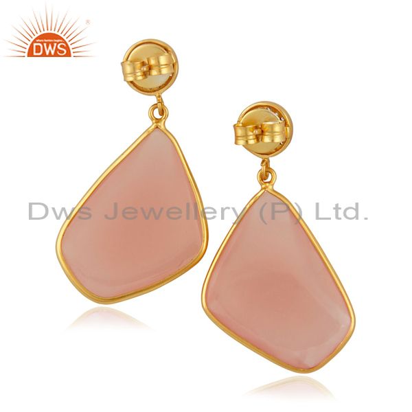 Exporter Natural Semi Precious Stone Rose Chalcedony Slice 18k Gold Plated Dangle Earring