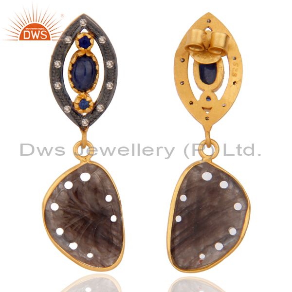 Exporter Pave Diamond Gemstone 925 Sterling Silver Designed Blue Sapphire Carving Earring