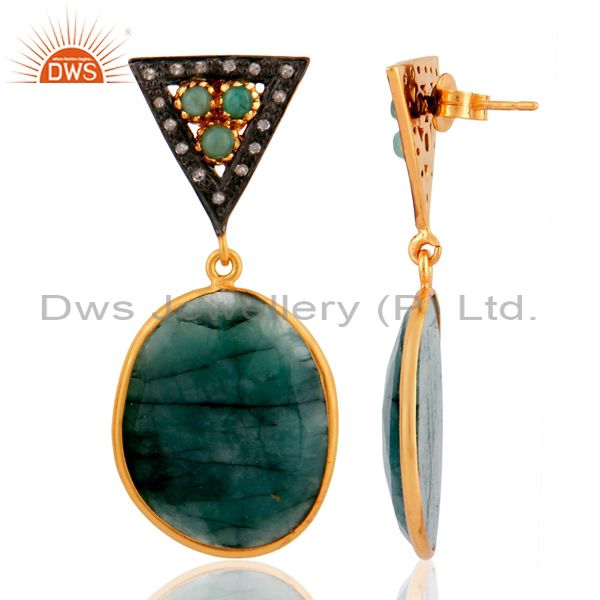Bezel set natural emerald slice gemstone silver designer pave diamond dangle ear