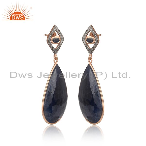 Exporter Blue Sapphire Slice Pave Diamond Gold Plated 925 Sterling Silver Women Earrings