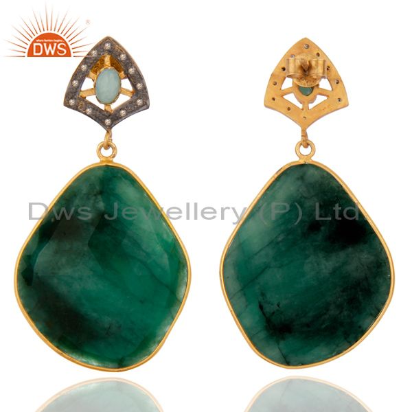 Precious gemstone emerald slice diamond handmade sterling silver dangle earring