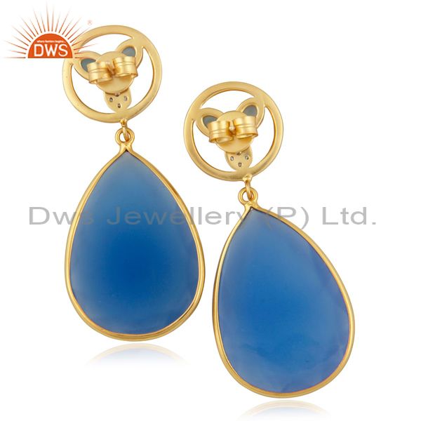 Exporter 14K Yellow Gold Plated Brass CZ And Blue Chalcedony Bezel Set Teardrop Earrings