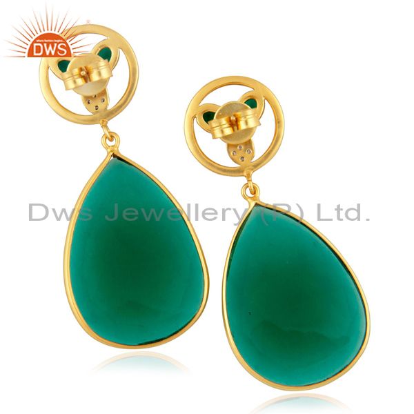 Exporter Dyed Green Glass Faceted Gemstone Bezel-Set Gold Plated Dangle Earrings With CZ