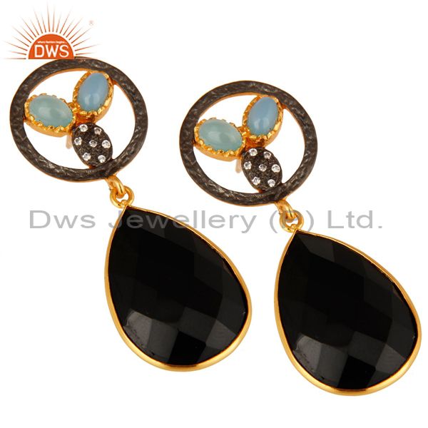 Exporter 18K Gold Plated Aqua Blue Chalcedony And Black Onyx Bezel Set Drop Earrings