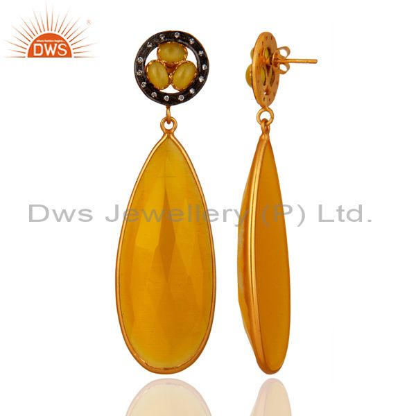 Exporter 22K Yellow Gold Plated Sterling Silver Yellow Moonstone Bezel Dangle Earrings