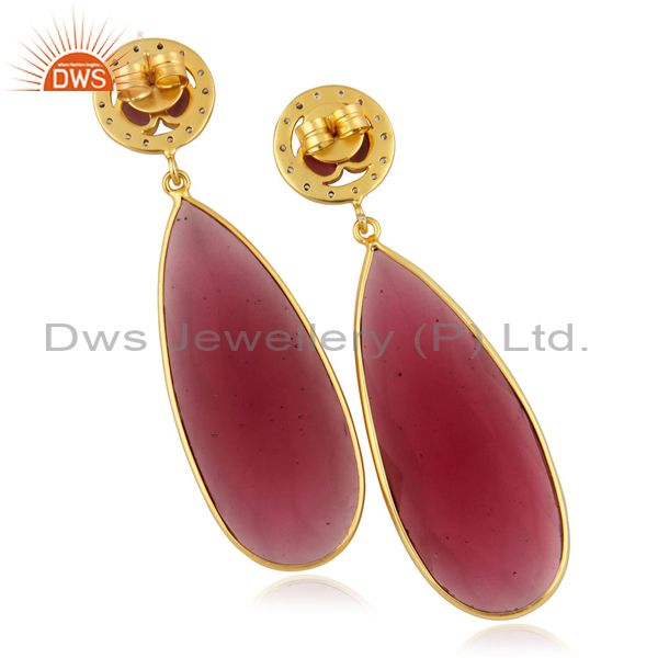 Exporter Pink Glass Bezel Set Fashion Long Drop Earrings With CZ In 14K Gold Over Brass