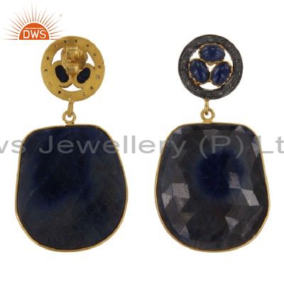 Exporter 14K Yellow Gold Plated Brass Turquoise Bezel Set Fashion Drop Earrings With CZ