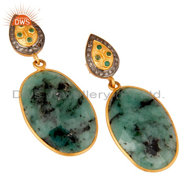 Exporter 18k Gold Over 925 Sterling Silver Slice Gemstone Emerald and Diamond Earrings