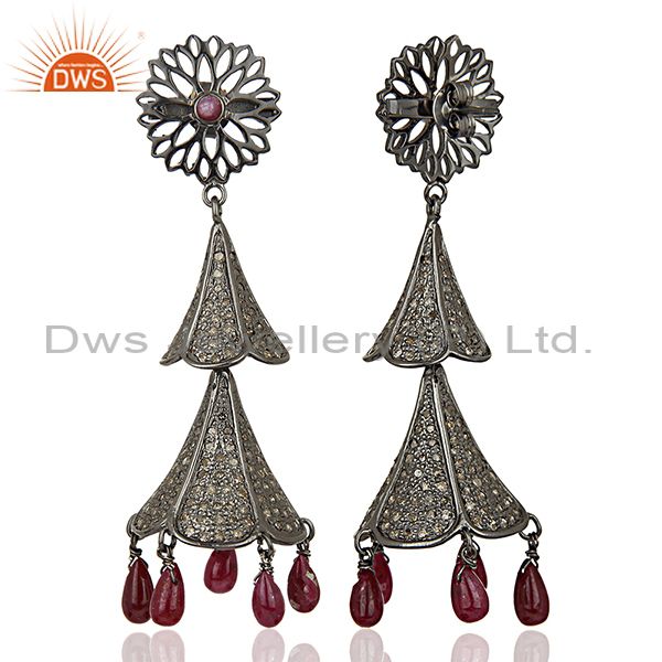 Exporter Antique Pave Diamond Ruby Gemstone Silver Earrings Jewelry Supplier