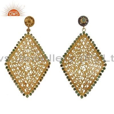 Exporter Emerald And Pave Set Diamond 18K Gold Over Silver Filigree Dangle Earrings